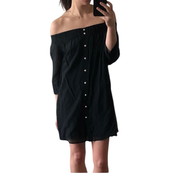 Antipodium Black Sheer Off the Shoulder 3/4 Sleeve Mini Dress w/ Pearl Buttons - Picture 3 of 16